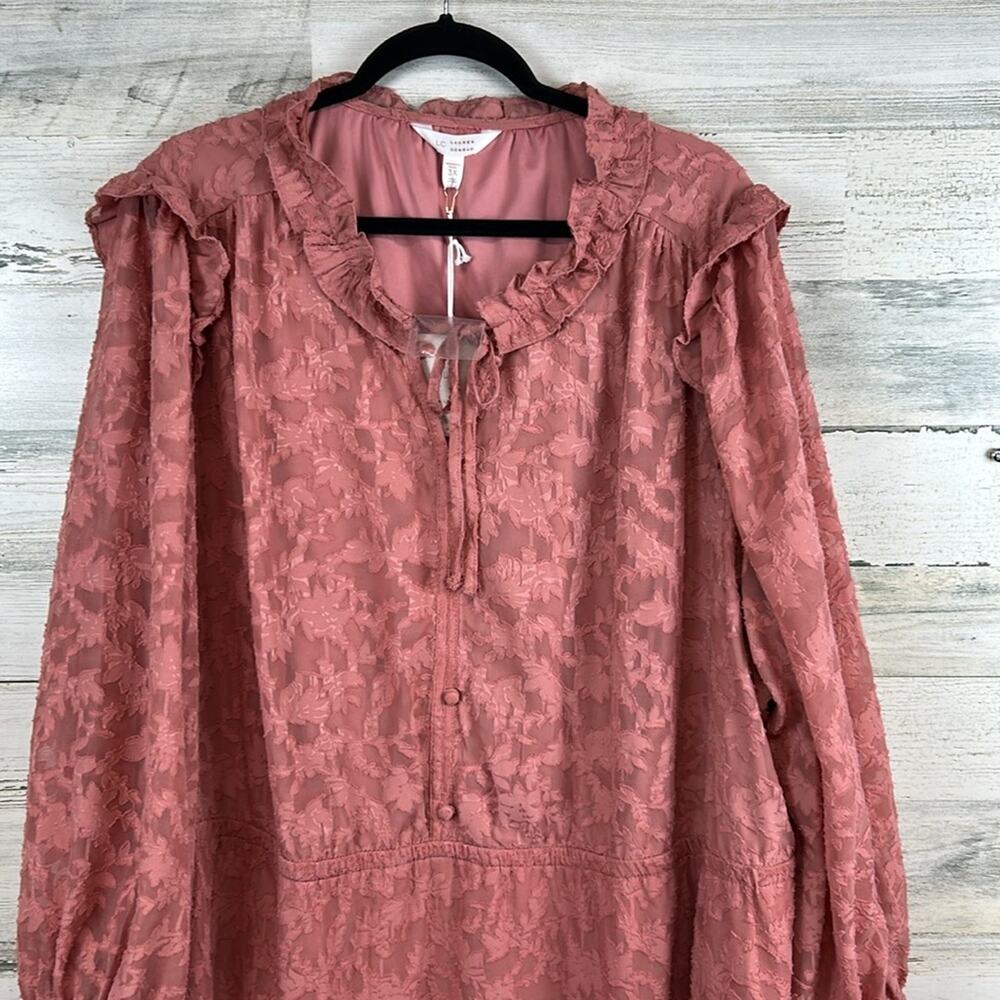 NWT Lauren Conrad Size 3X Pink Floral Chiffon Ruffle Burnout Dress Long Sleeve - Picture 3 of 7